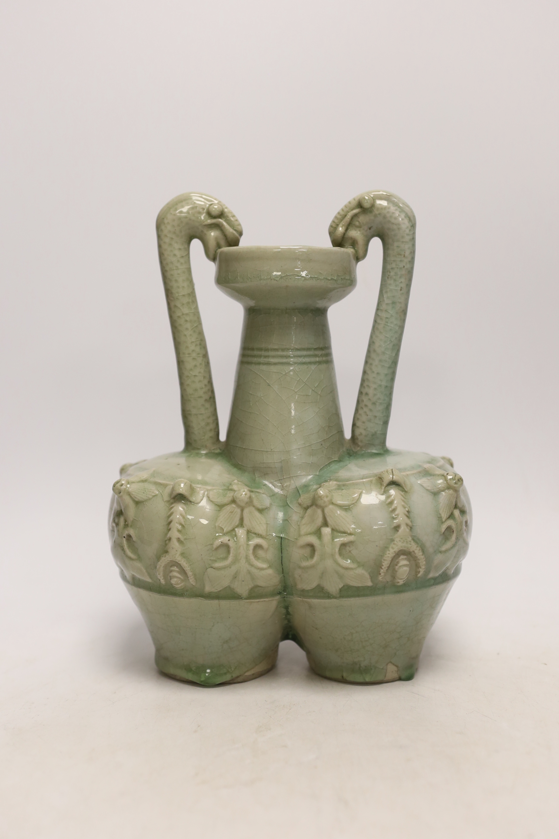 A Chinese celadon glazed conjoined vase, 25cm
